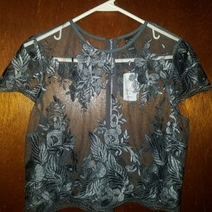 Gray Mesh Embroidered crop top